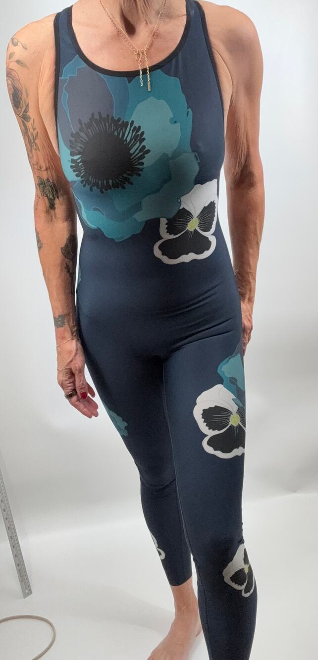 Ultracor Unitard Bodysuit S Navy Teal Anemone Pansy Mesh Racerback NWOT